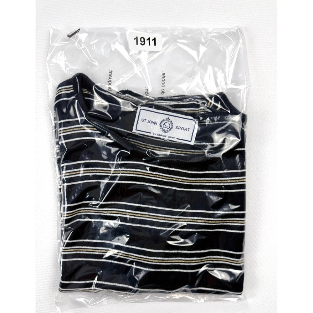 St John Sport by Marie Gray Womens L Navy Gold Striped Wool Blend Knit Top #1911 - Picture 9 of 9